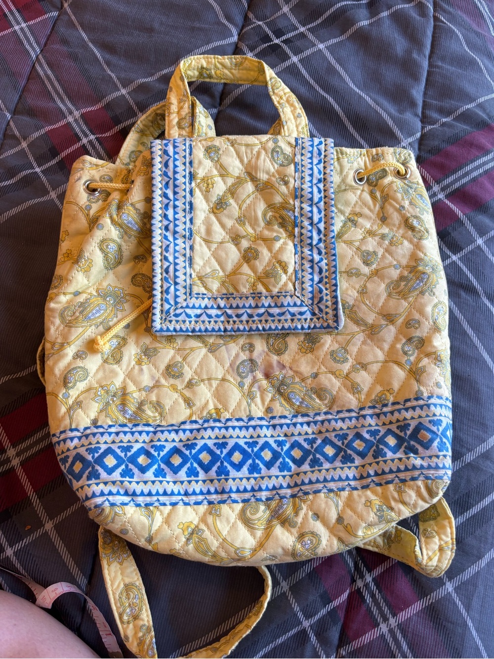 Bueno Yellow Quilted Paisley Backpack with Blue Trim